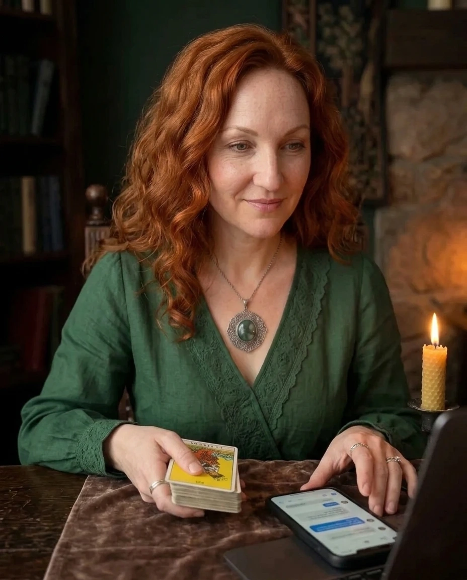 Marina interpretando las cartas durante una consulta de tarot por chat