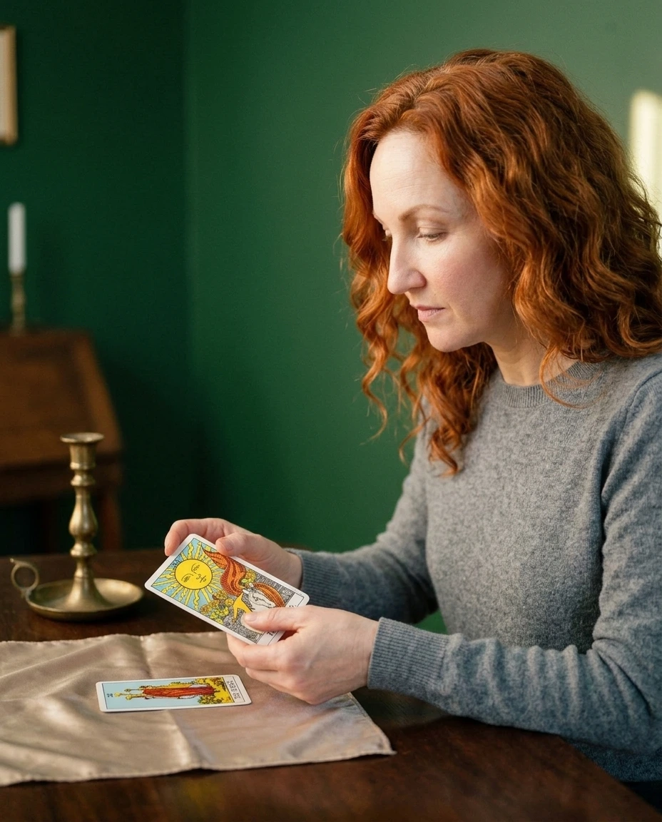 Marina con su baraja de tarot